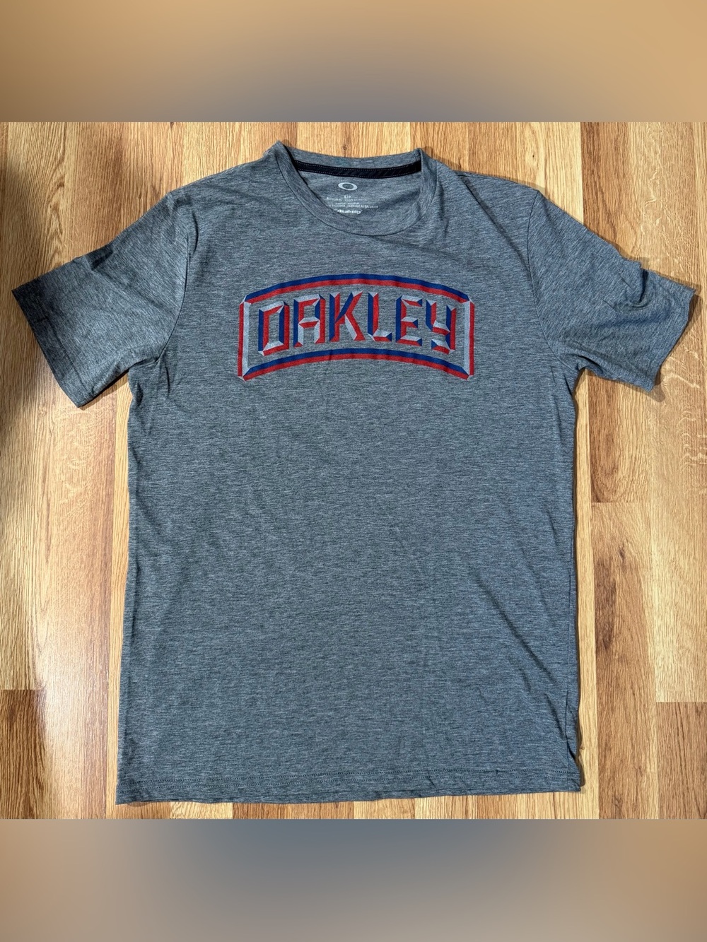 Oakley Gray Short Sleeve Tee with Red & Blue Logo